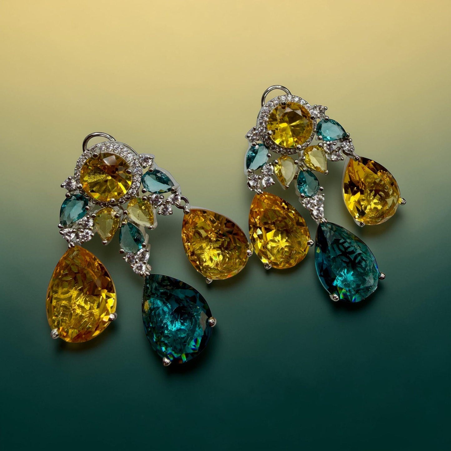 Multi Gemstone Drop Earrings with Yellow Citrine and Teal Quartz, Luxury Statement Jewelry