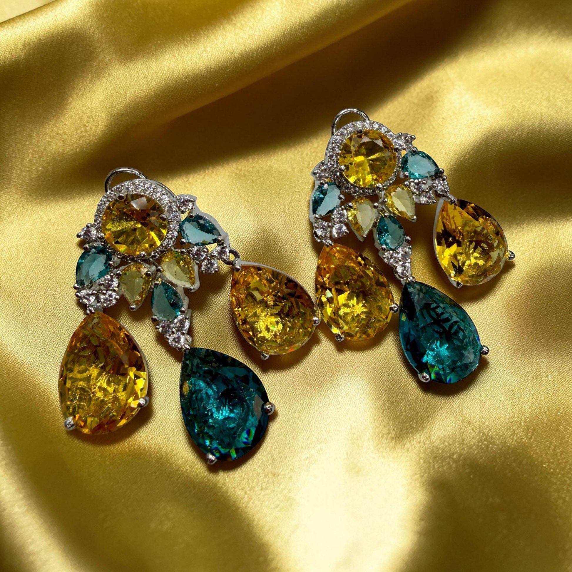 Multi Gemstone Drop Earrings with Yellow Citrine and Teal Quartz, Luxury Statement Jewelry