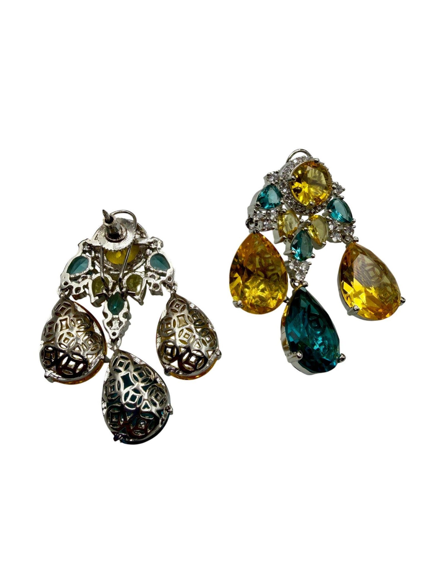 Multi Gemstone Drop Earrings with Yellow Citrine and Teal Quartz, Luxury Statement Jewelry