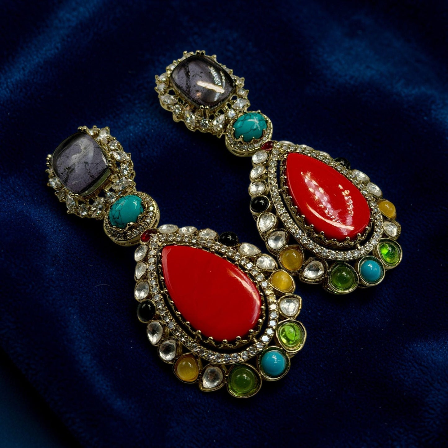 Multi Gemstone Statement Drop Earrings, Gold Plated Luxury Jewelry