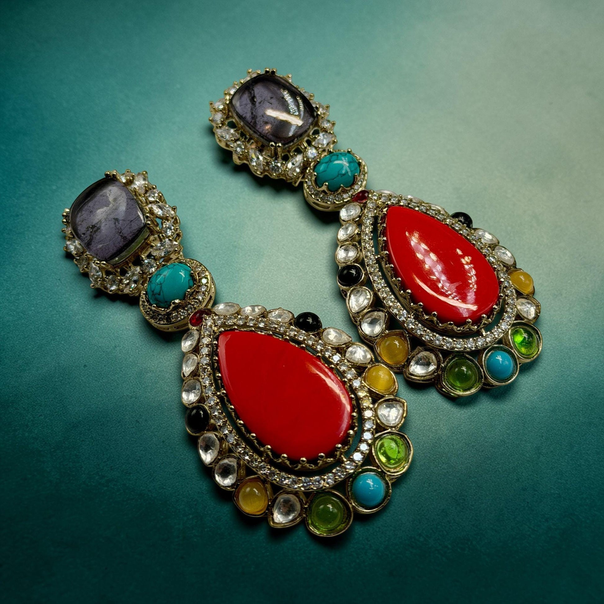 Multi Gemstone Statement Drop Earrings, Gold Plated Luxury Jewelry