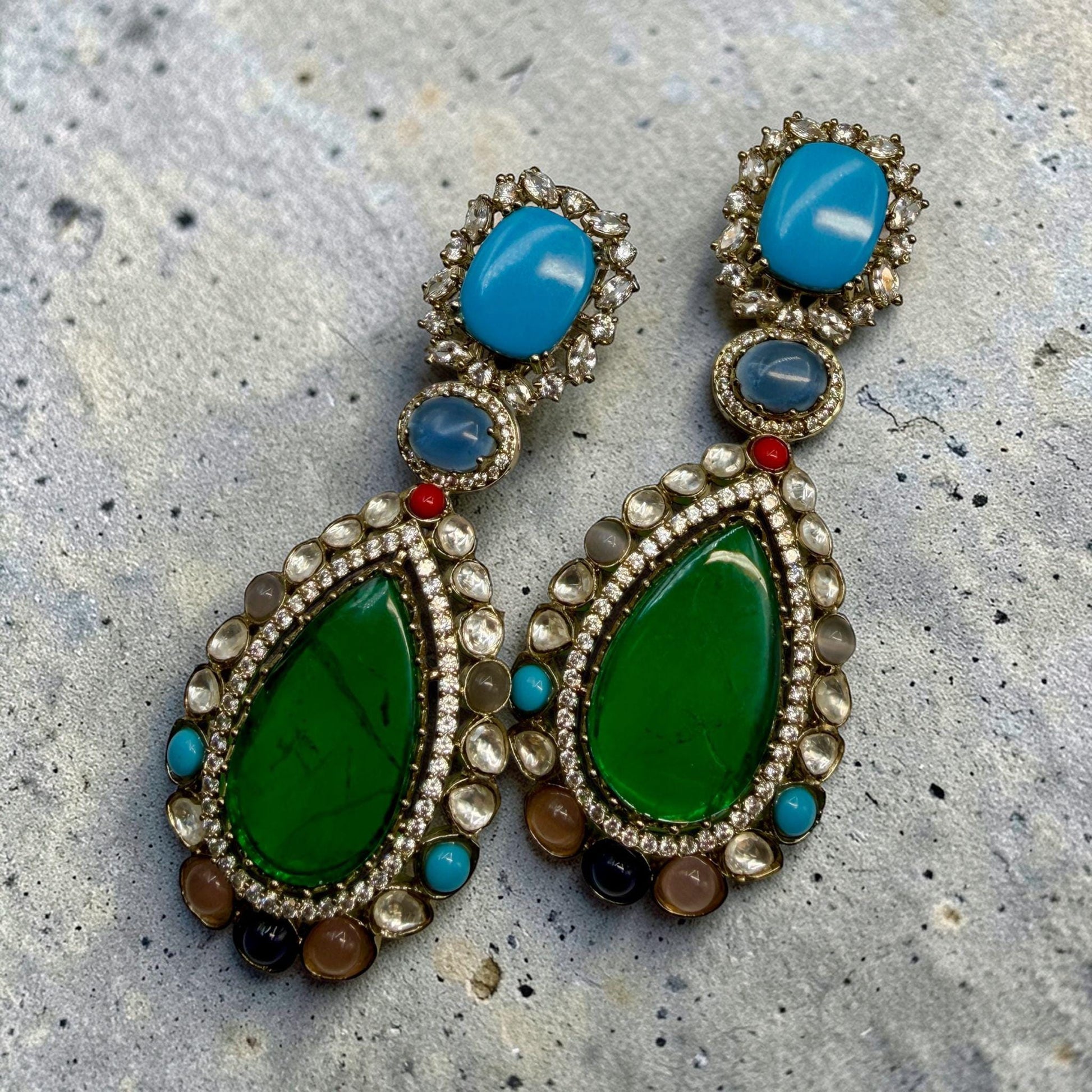Multi Gemstone Statement Drop Earrings, Gold Plated Luxury Jewelry