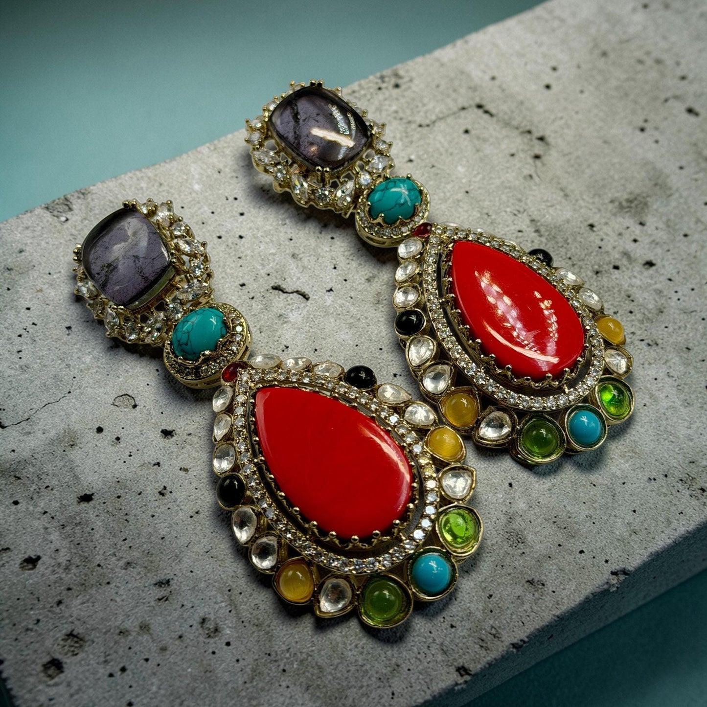 Multi Gemstone Statement Drop Earrings, Gold Plated Luxury Jewelry, Sabya Sachi Style