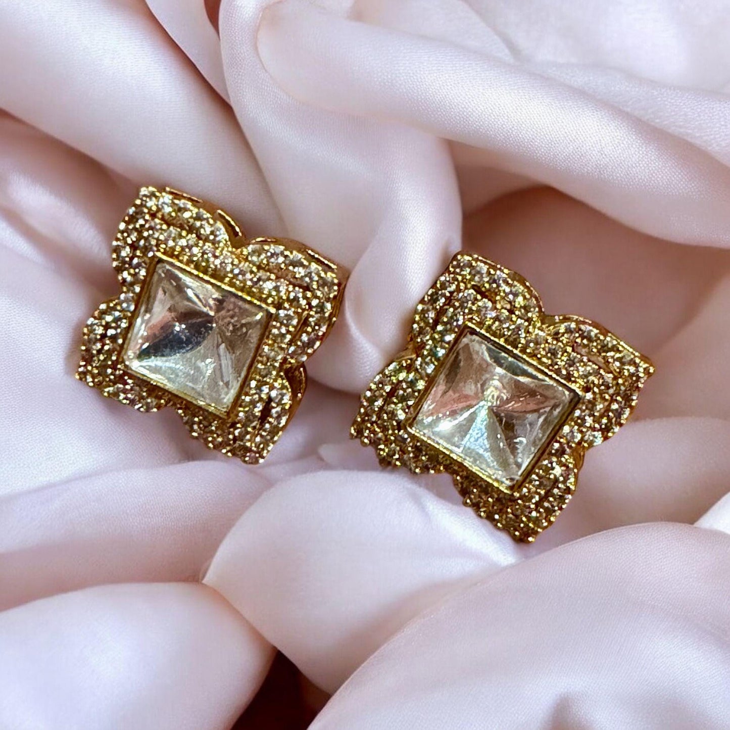 Vintage Square Kundan Stud Earrings | Crystal Statement Studs | Indian Minimal Jewelry