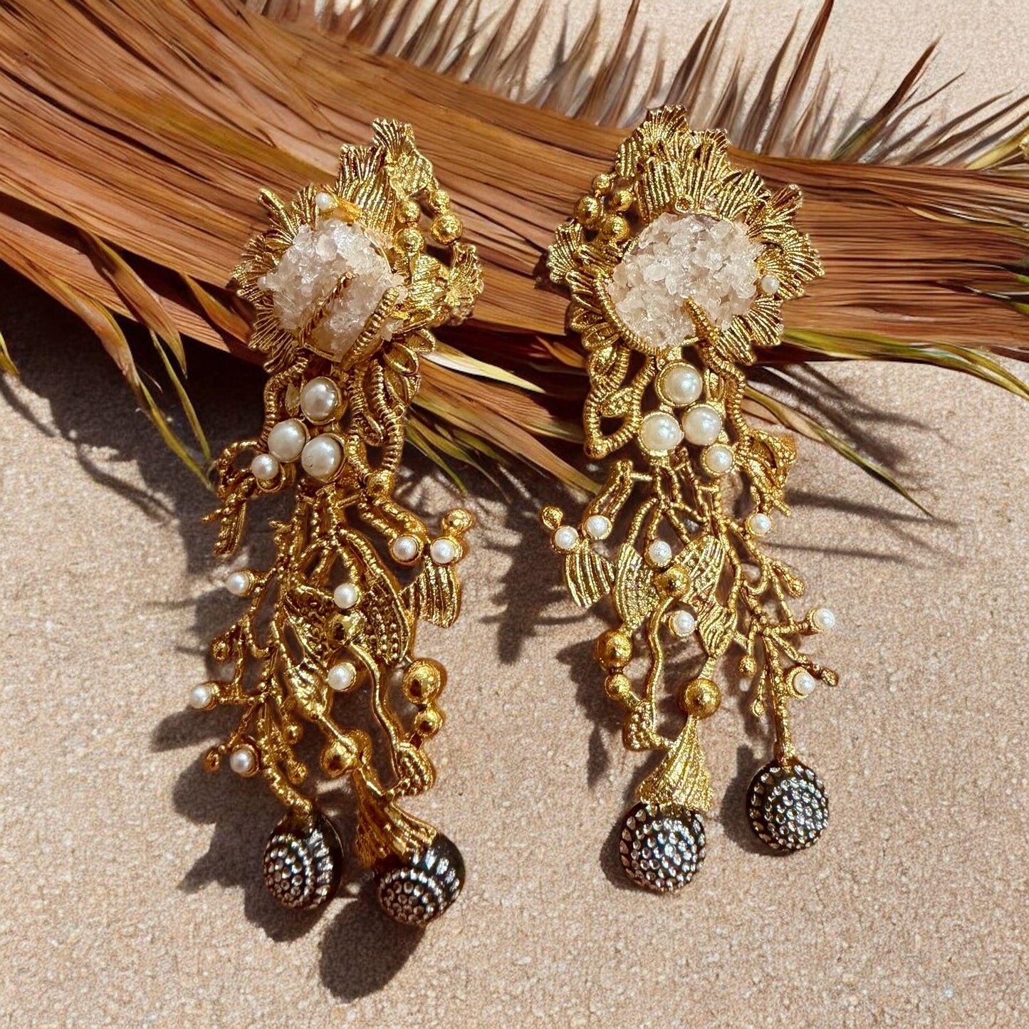 Floral Druzy Statement Earrings | Pearl Cascade Designer Earrings | Handmade Jewelry