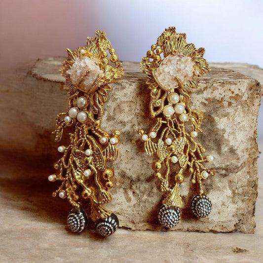 Floral Druzy Statement Earrings | Pearl Cascade Designer Earrings | Handmade Jewelry