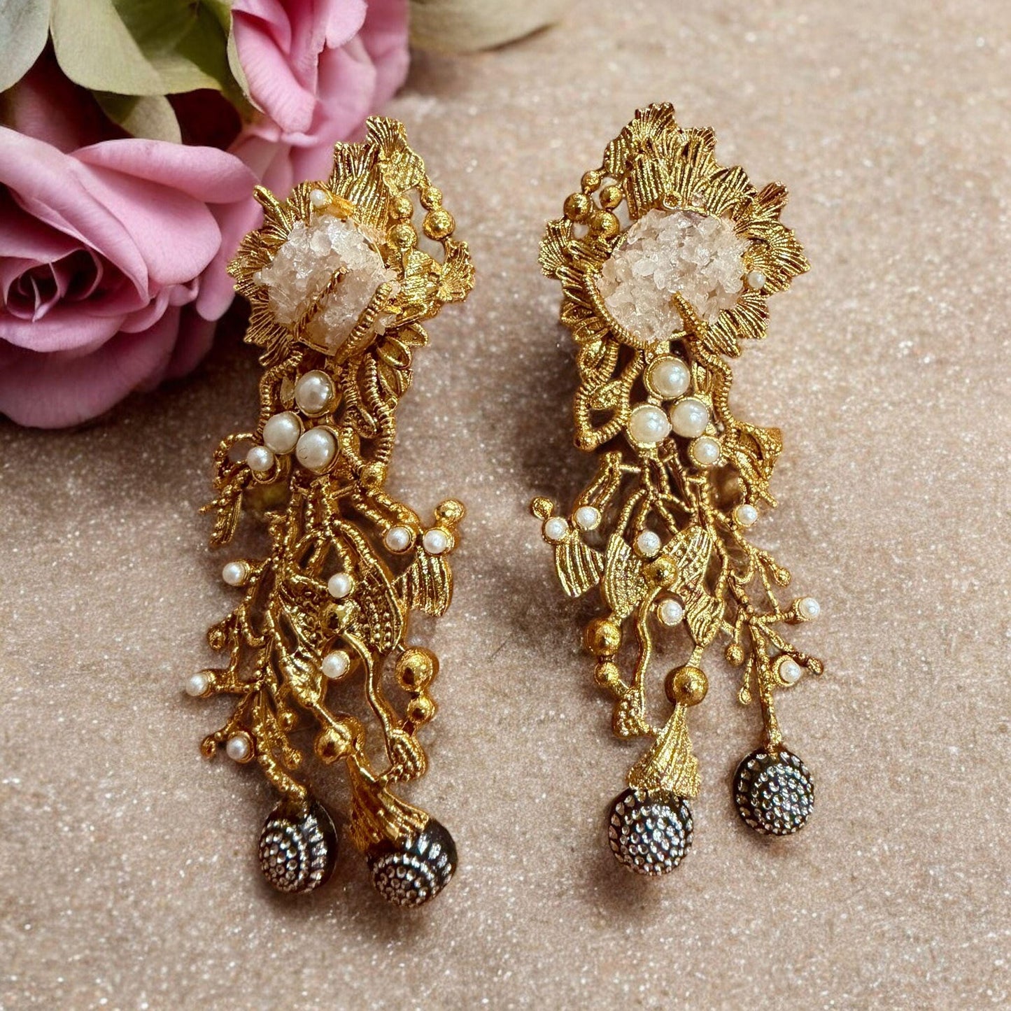 Floral Druzy Statement Earrings | Pearl Cascade Designer Earrings | Handmade Jewelry