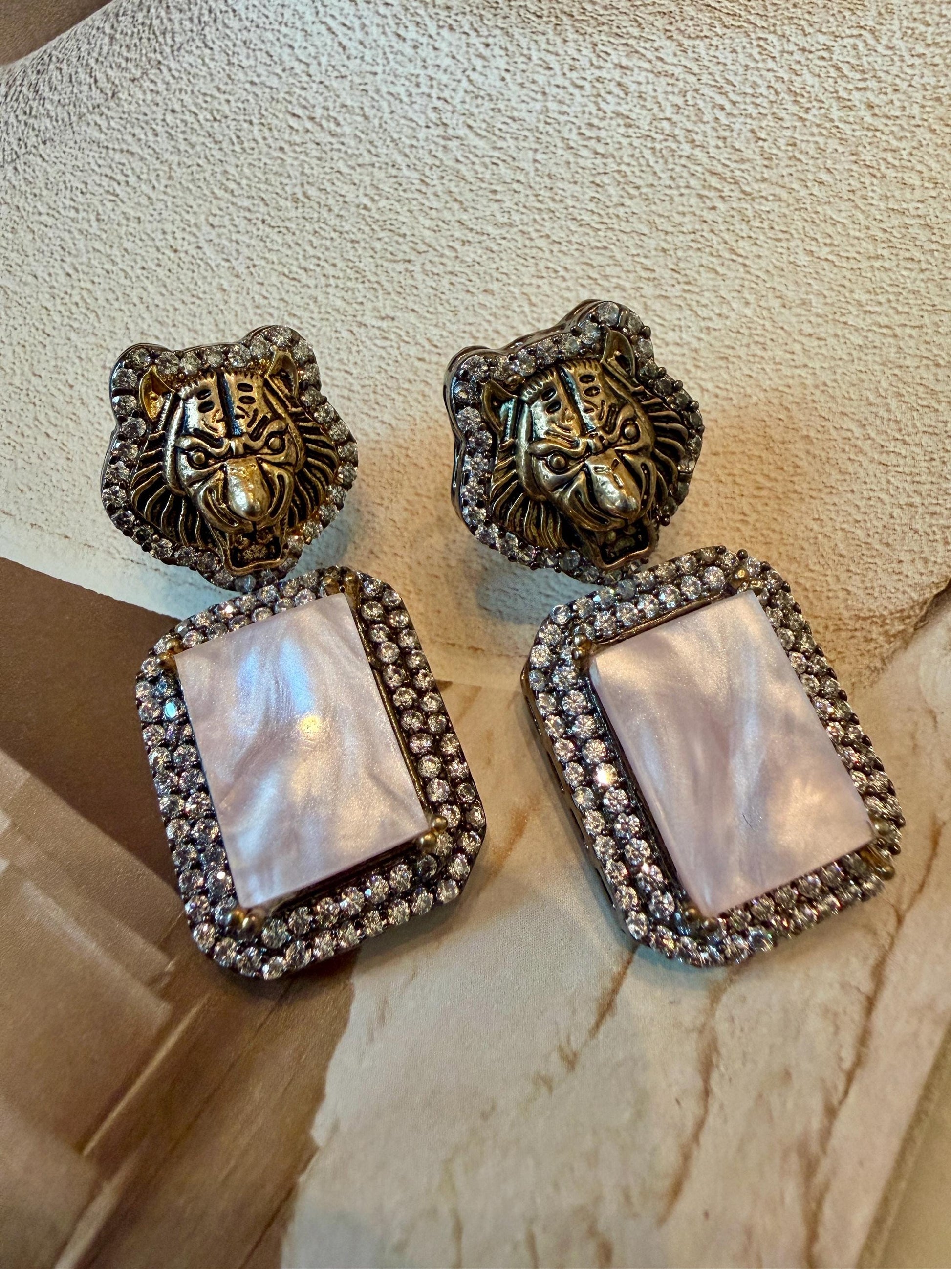Bollywood Glam: Luxury Earrings Cz stones with lion head antique finish