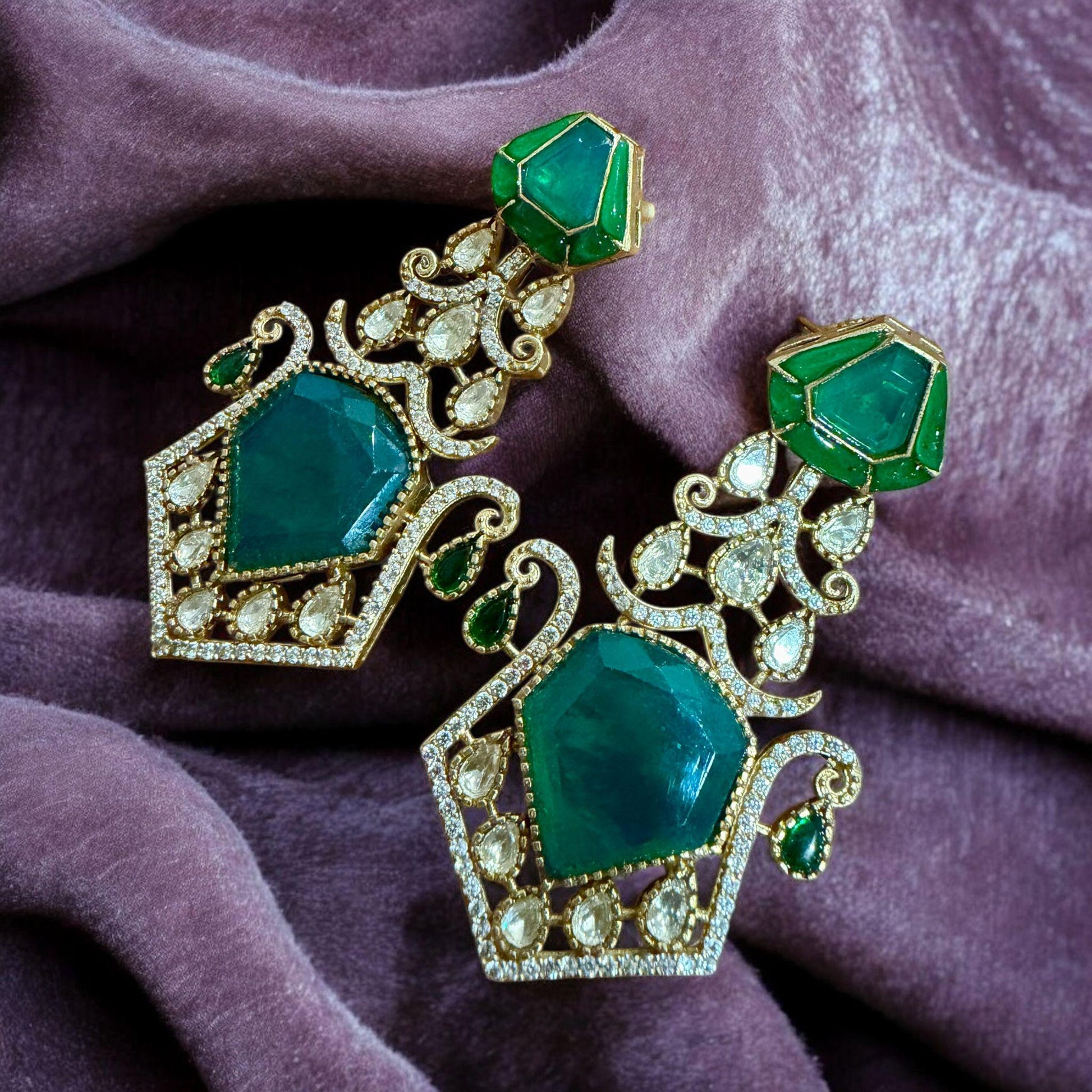 Hexagon Emerald Drop Earrings | Sculpted Green Stone Statement | Bridal & Festive Luxury Jewelry