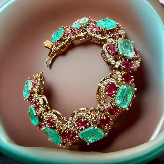 Mint green & Ruby Link Bracelet | Vintage-Inspired Statement Bracelet | Bridal Heirloom Style Jewelry