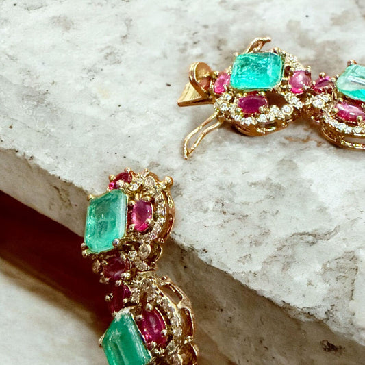 Mint green & Ruby Link Bracelet | Vintage-Inspired Statement Bracelet | Bridal Heirloom Style Jewelry