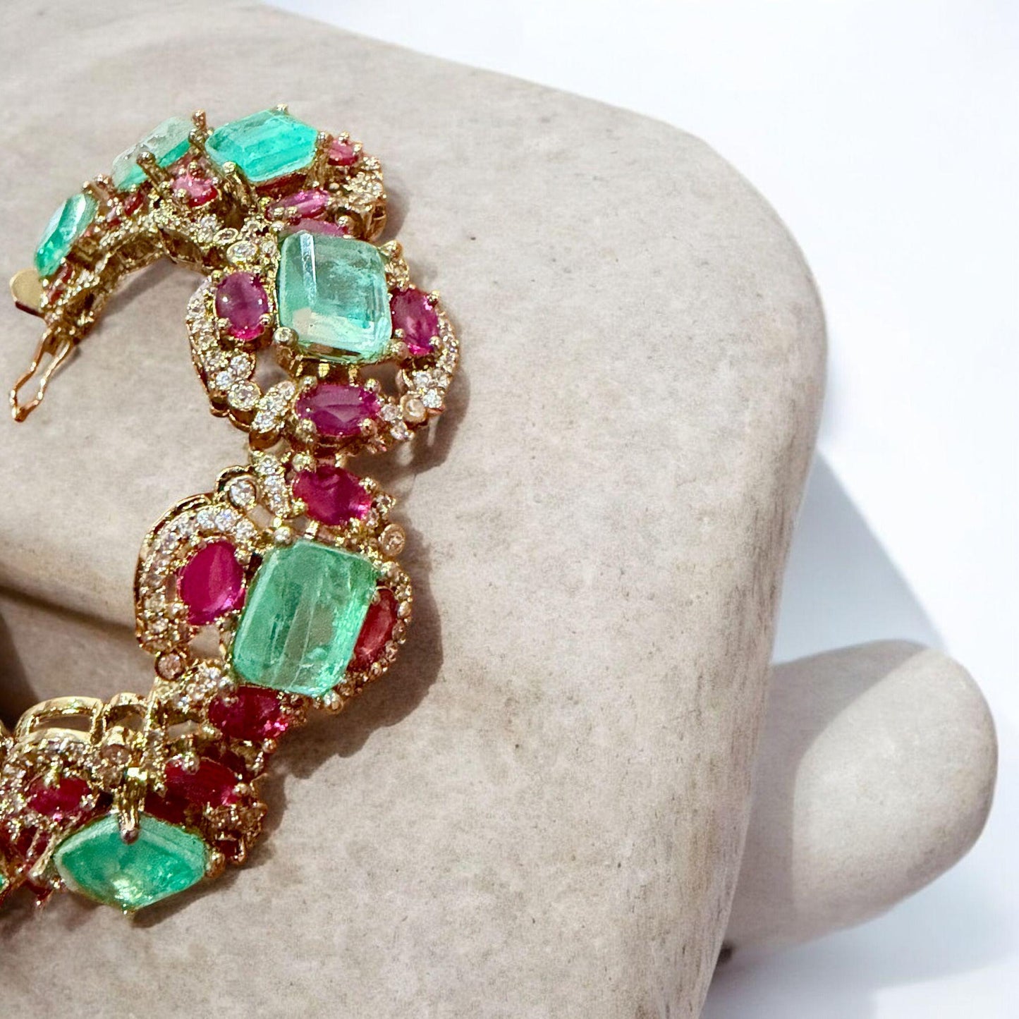 Mint green & Ruby Link Bracelet | Vintage-Inspired Statement Bracelet | Bridal Heirloom Style Jewelry