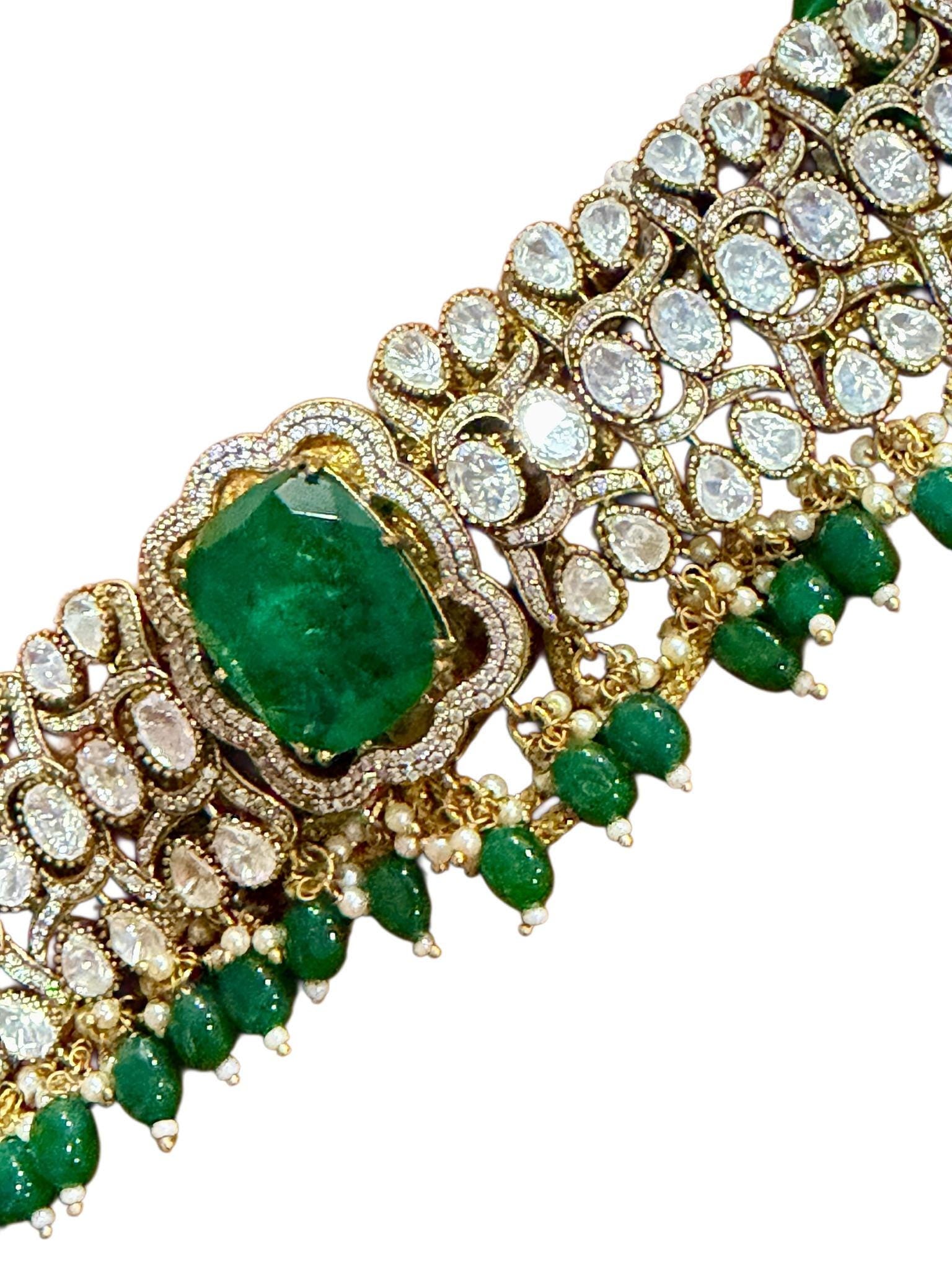 Emerald Green monzonite Choker Set | Bridal Necklace & Earrings | Traditional Wedding Jewelry