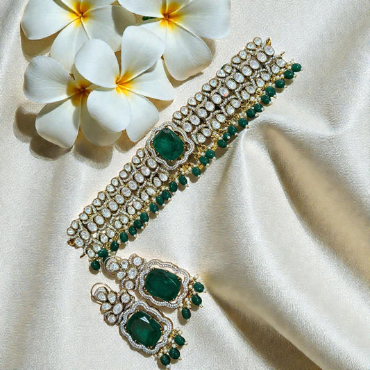 Emerald Green monzonite Choker Set | Bridal Necklace & Earrings | Traditional Wedding Jewelry