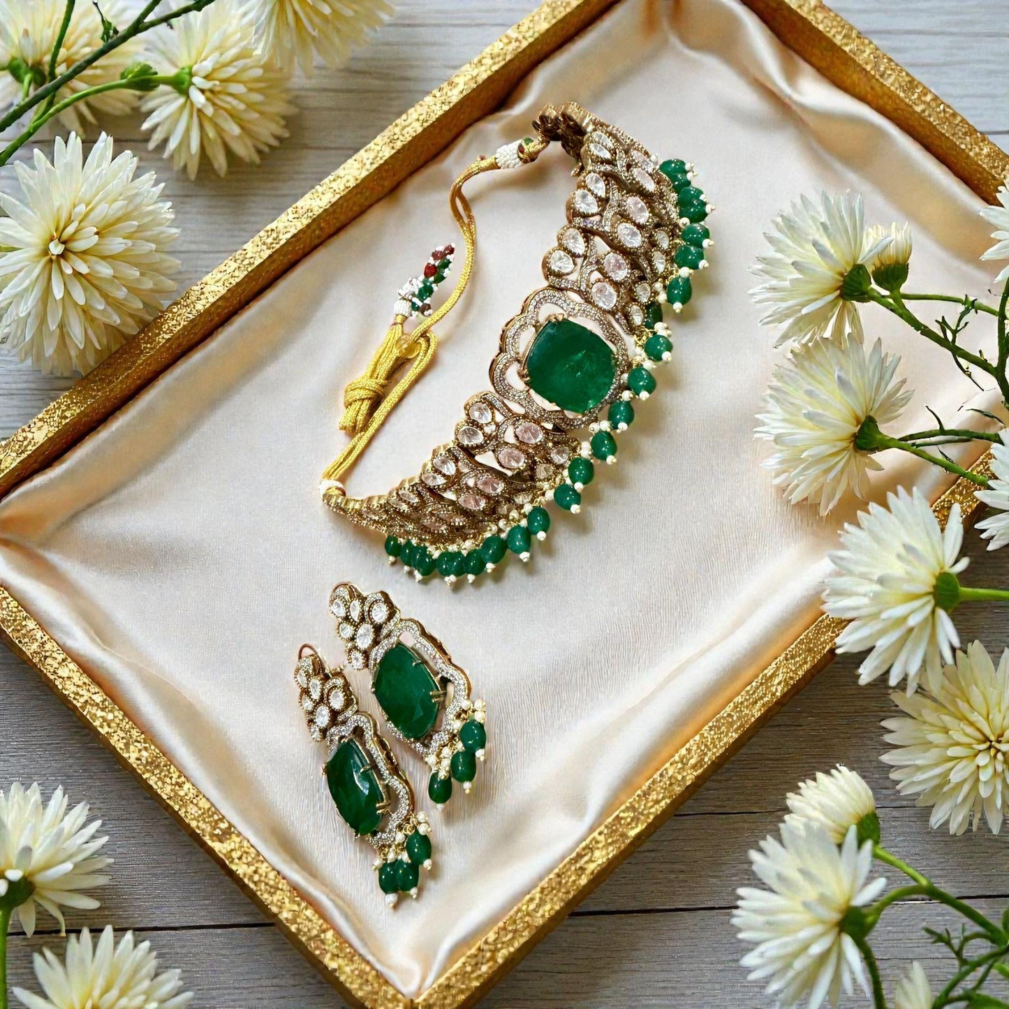 Emerald Green monzonite  Choker Set | Bridal Necklace & Earrings | Traditional Wedding Jewelry