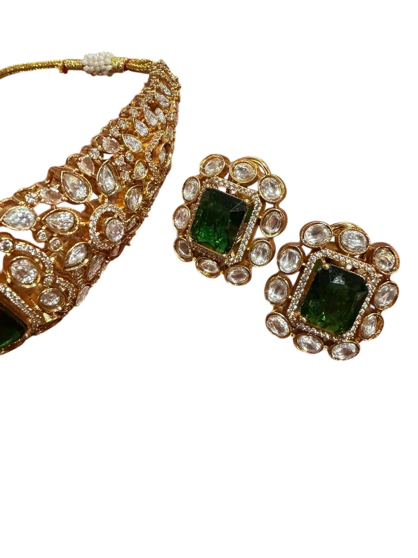 Regal Green monzonite Choker Set with Matching Stud Earrings | Vintage Bridal Statement Jewelry