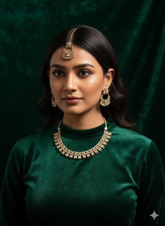 Kundan Choker Necklace Set with Earrings and Maang Tikka, Indian fashion Jewelry