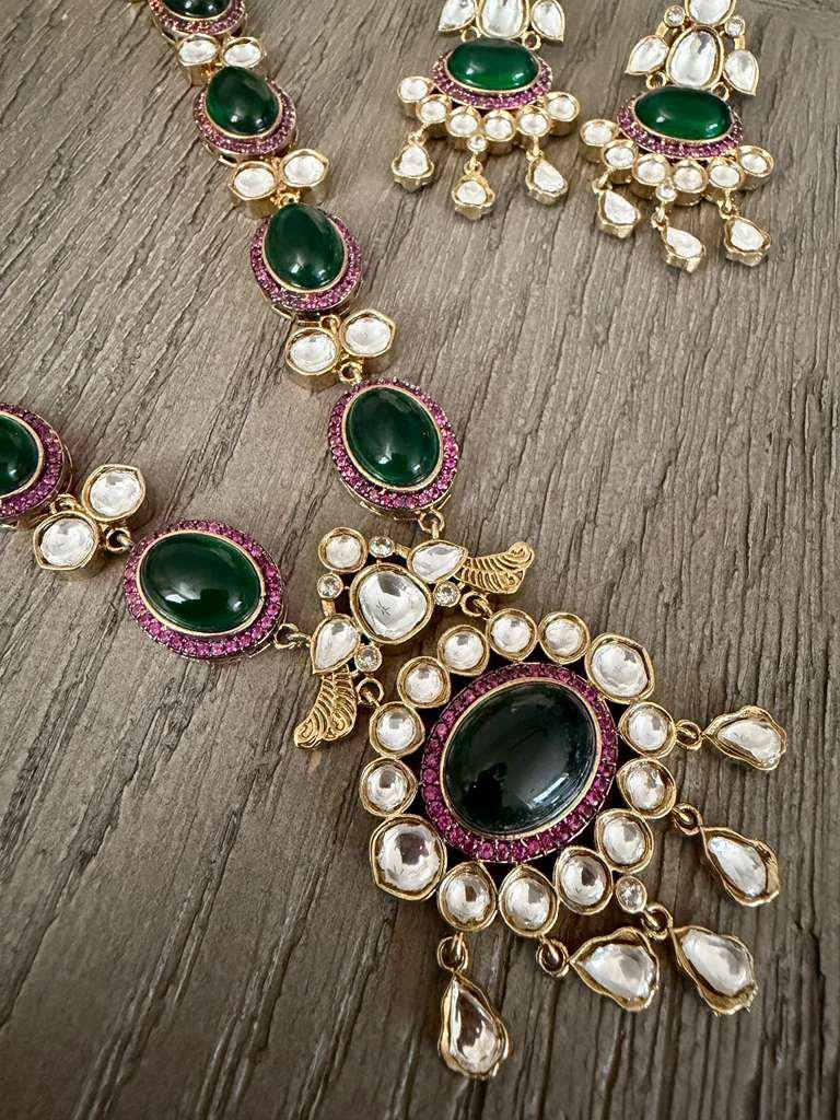 Green Stone Kundan Necklace Set with Earrings, Gold Plated Indian Bridal Jewelry