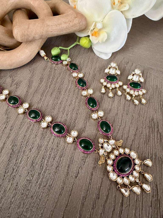 Green Stone Kundan Necklace Set with Earrings, Gold Plated Indian Bridal Jewelry