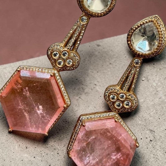 Handcrafted Pink Tourmaline Drop Earrings, Gold Plated, White Topaz Accents, Bridal Statement Jewelry