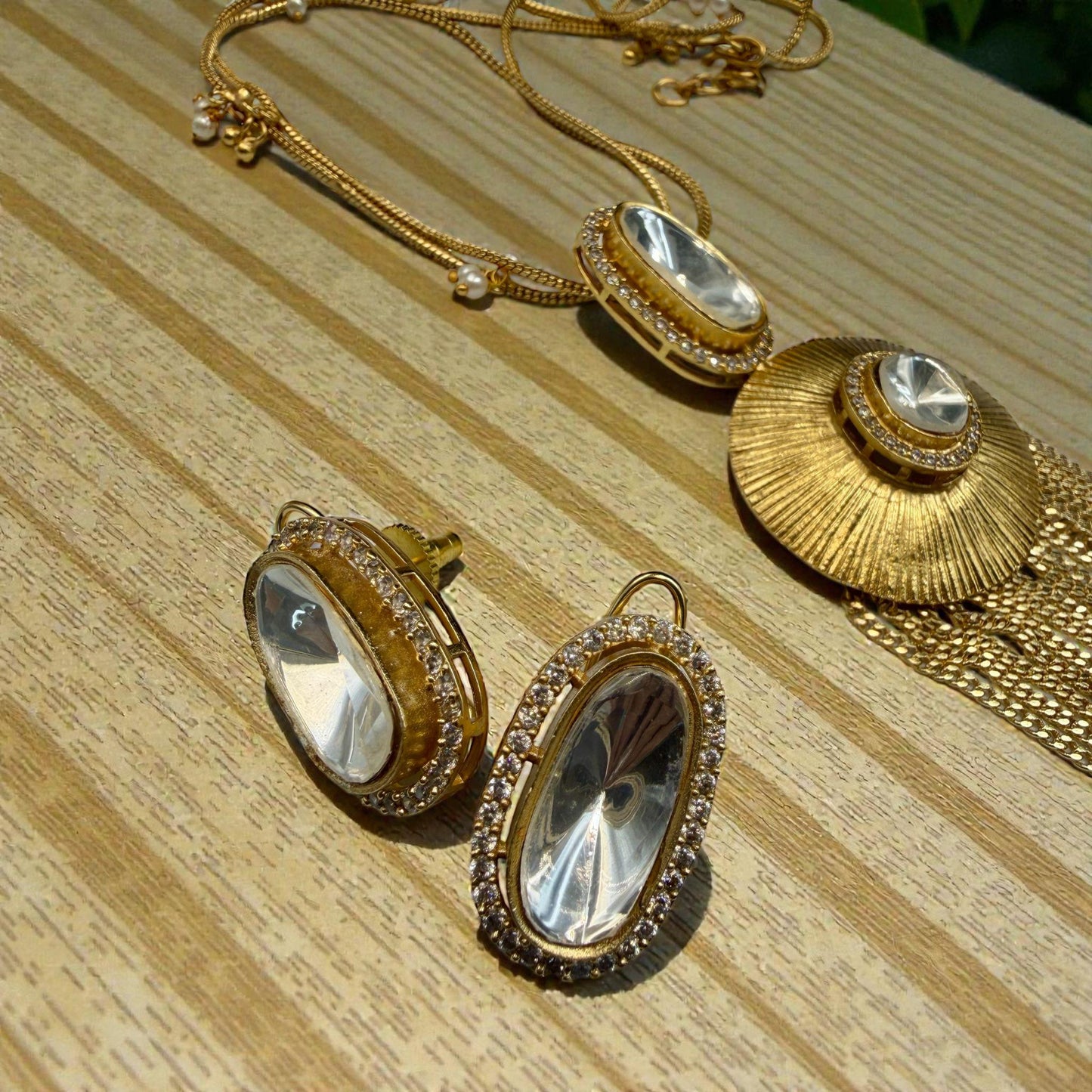 Radiant Disc Tassel Necklace Set with Crystal Accents | Long Fringe Pendant & Matching Earrings