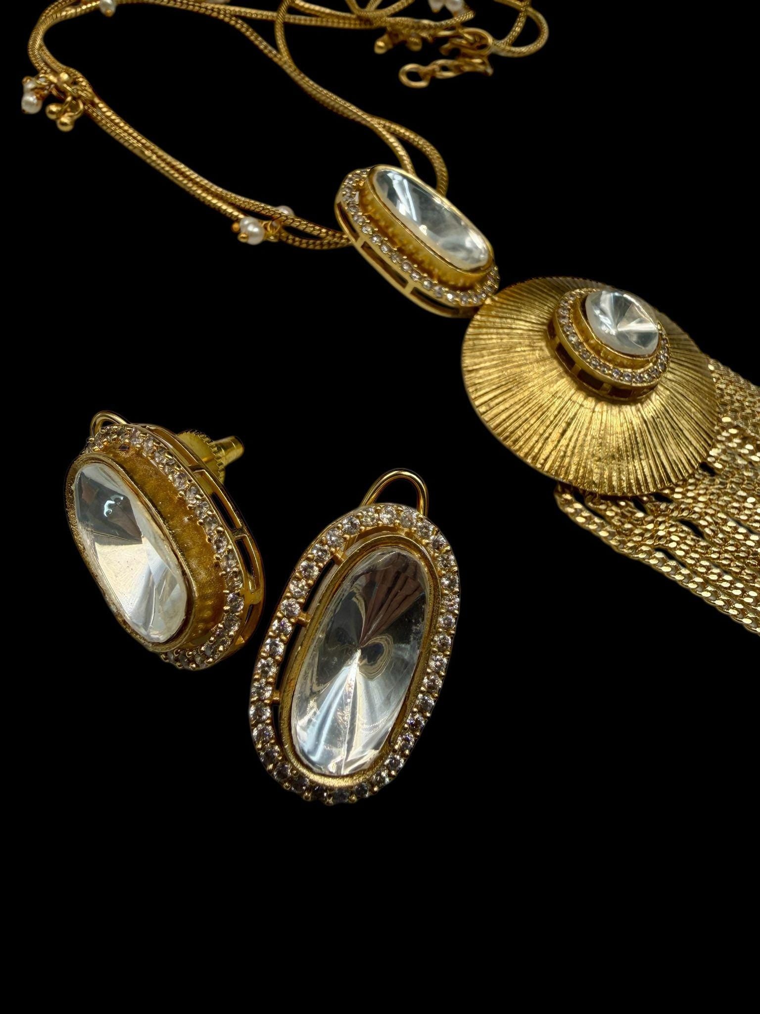 Radiant Disc Tassel Necklace Set with Crystal Accents | Long Fringe Pendant & Matching Earrings