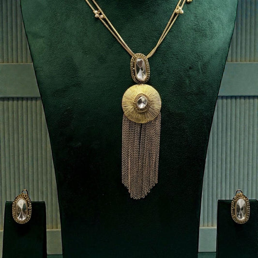 Radiant Disc Tassel Necklace Set with Crystal Accents | Long Fringe Pendant & Matching Earrings