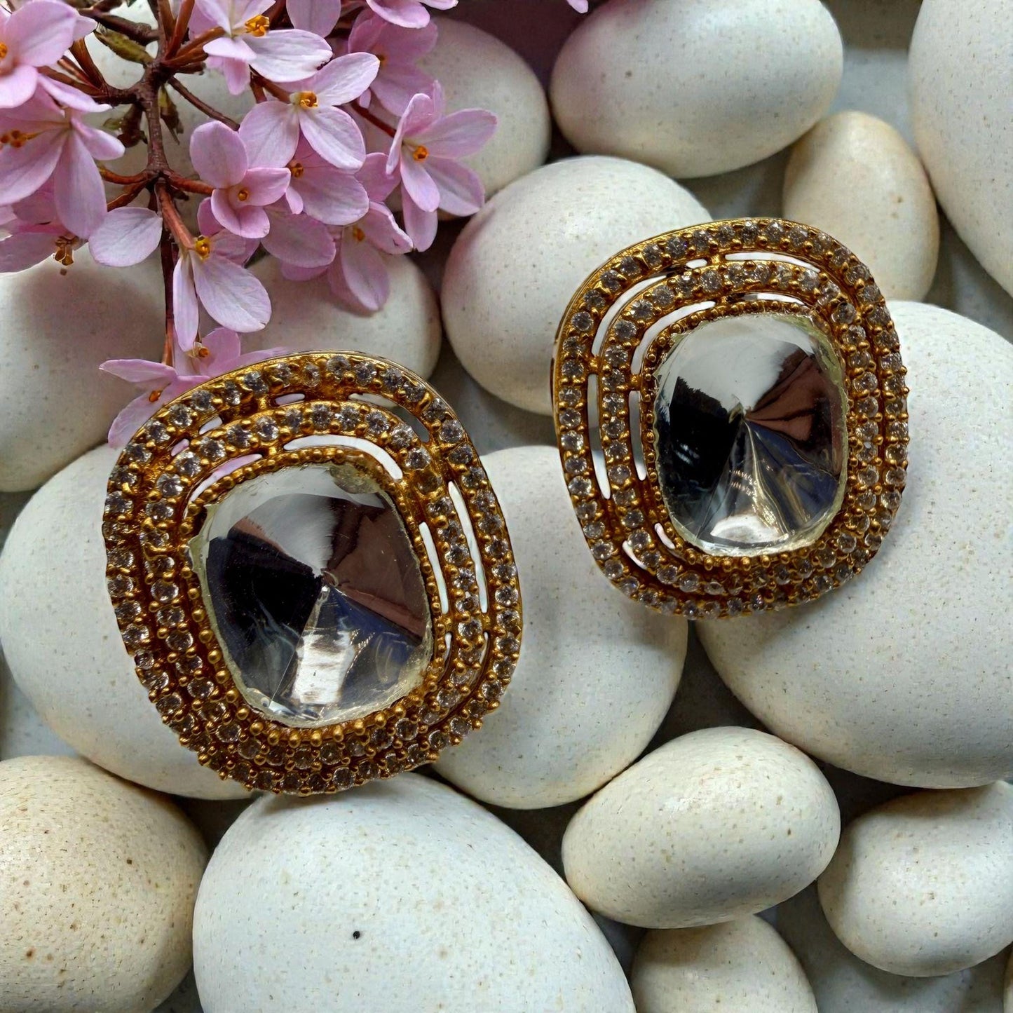 Oval Mirror Crystal Stud Earrings with Pavé Halo | Statement Bridal & Evening Earrings