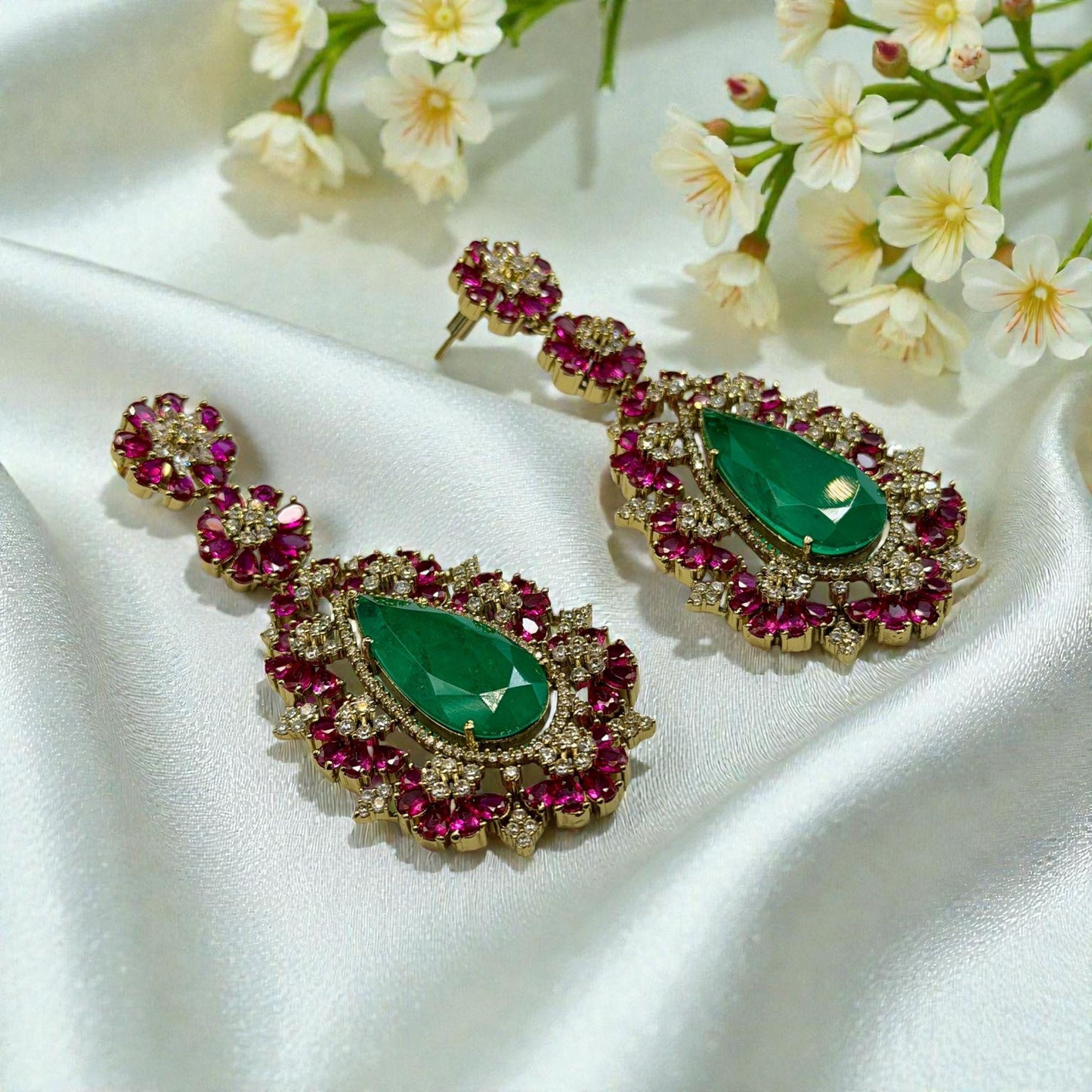Floral Statement Necklace Set with Green Teardrop Pendant | Bold Necklace & Earrings