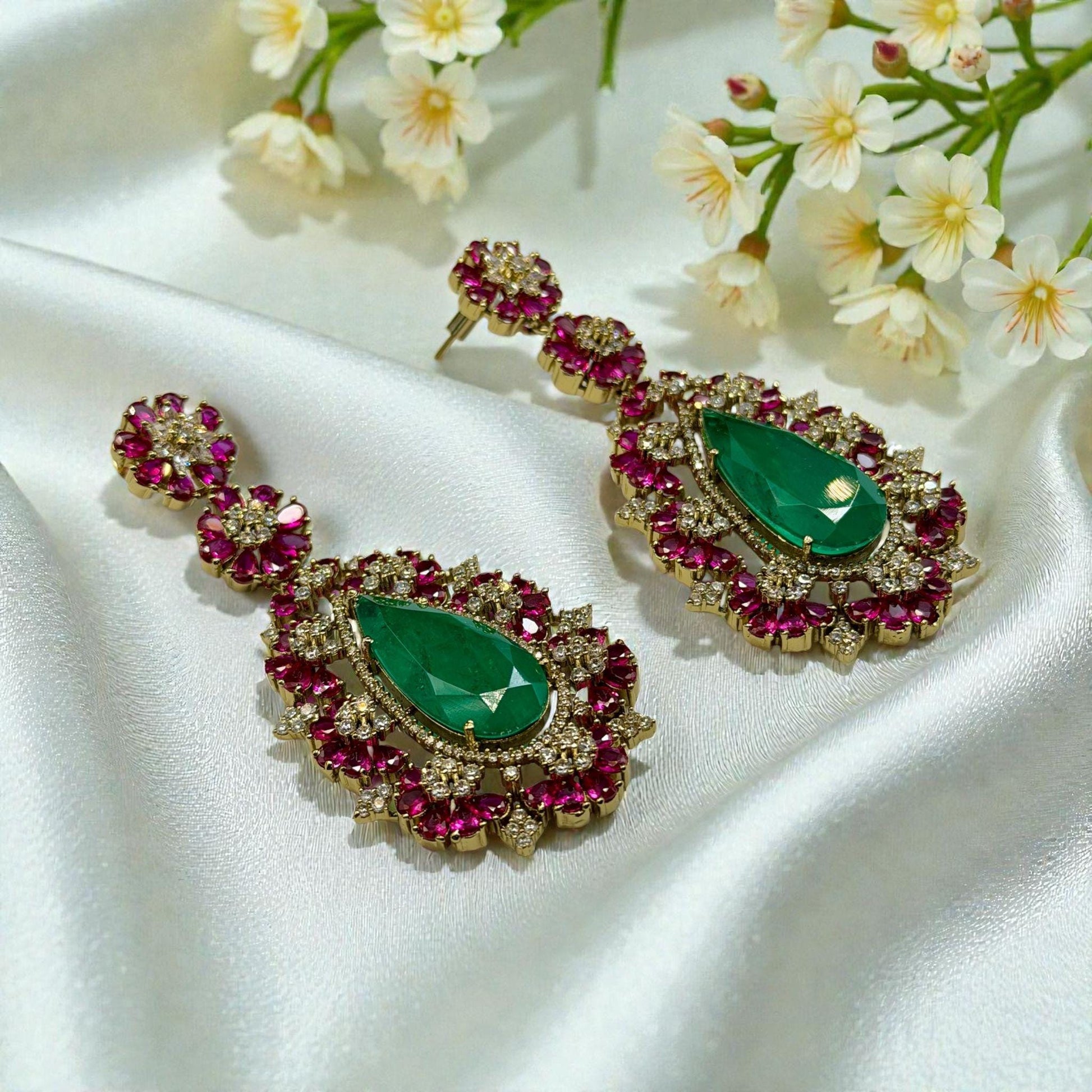 Floral Statement Necklace Set with Green Teardrop Pendant | Bold Necklace & Earrings