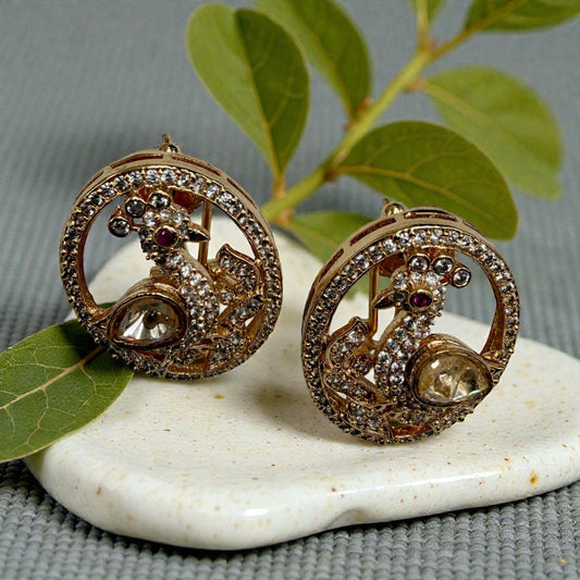 Peacock Motif Round Stud Earrings | Vintage Kundan Style Bird Earrings in Gold Finish