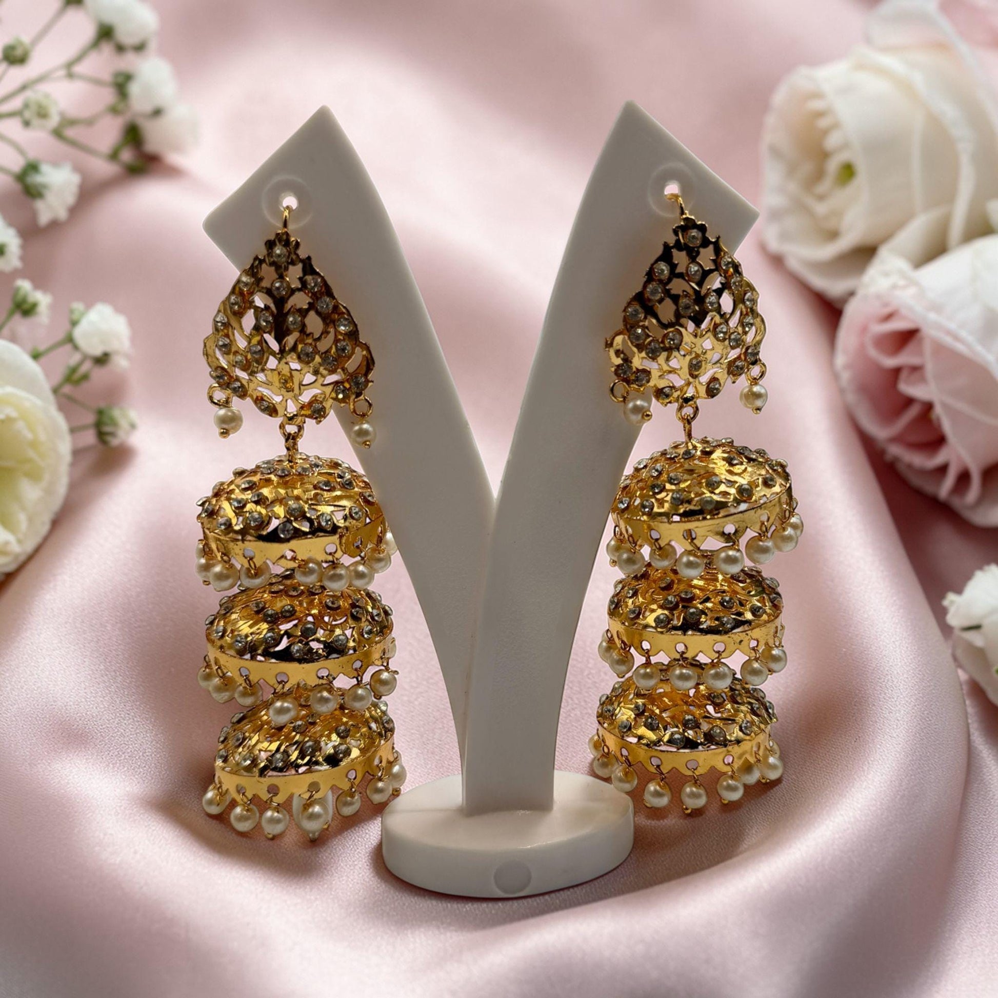 Gold Plated Pearl Jhumka Earrings, CZ Stone Bridal Statement Jewelry
