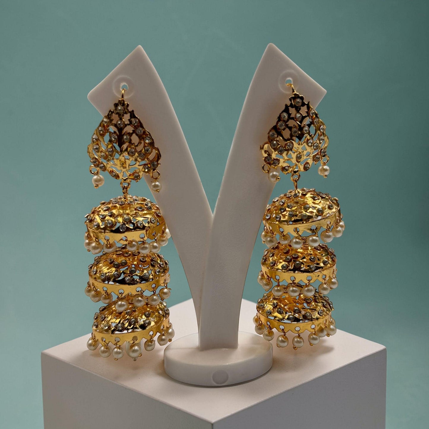 Gold Plated Pearl Jhumka Earrings, CZ Stone Bridal Statement Jewelry