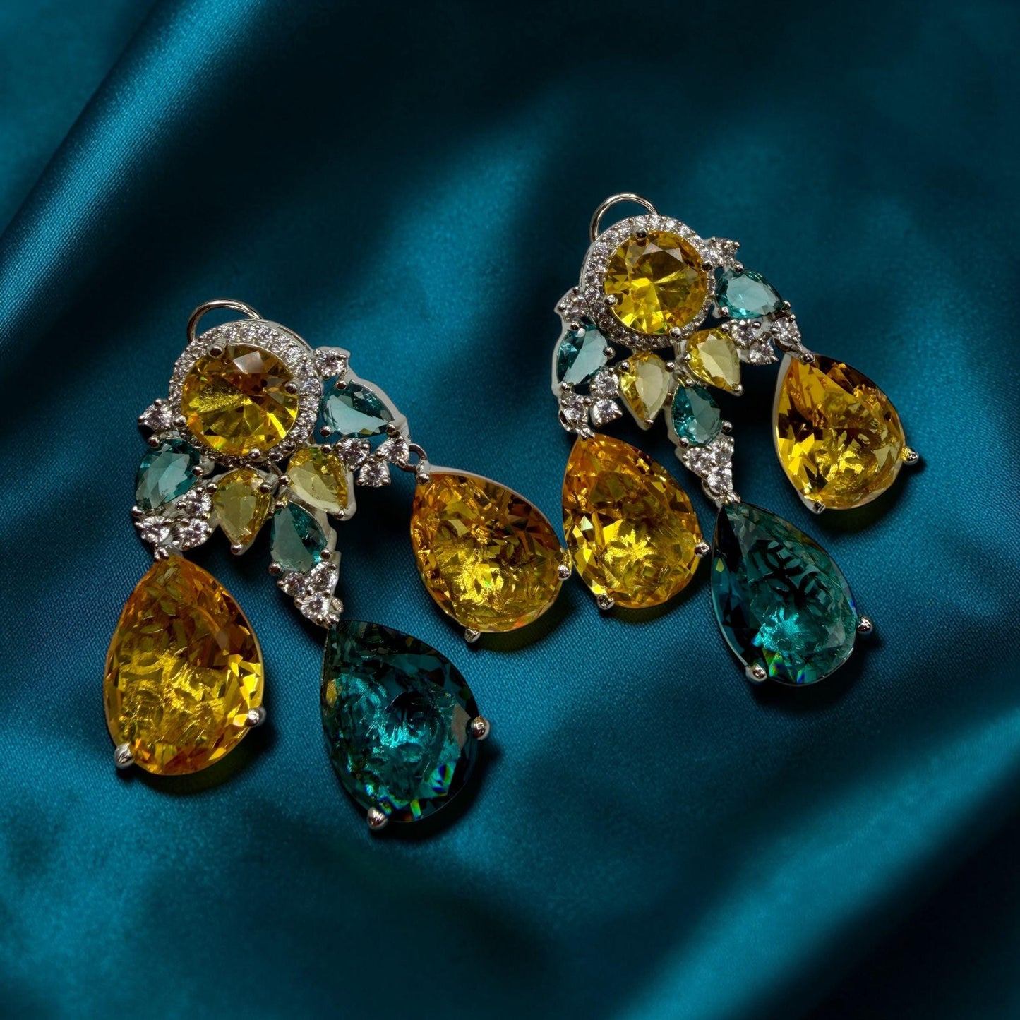 Multi Gemstone Drop Earrings with Yellow Citrine and Teal Quartz, Luxury Statement Jewelry