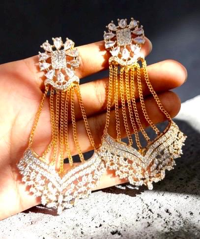 Bollywood Indian Pakistani eid Designer length statement earrings gold finish,Victorian,Ad stones