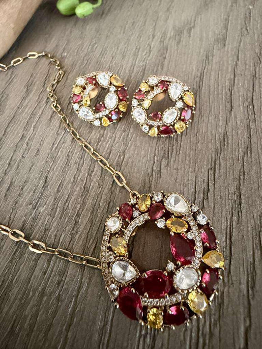 Ruby Red Crystal Necklace Set, Vintage high end Statement Pendant Necklace with studs