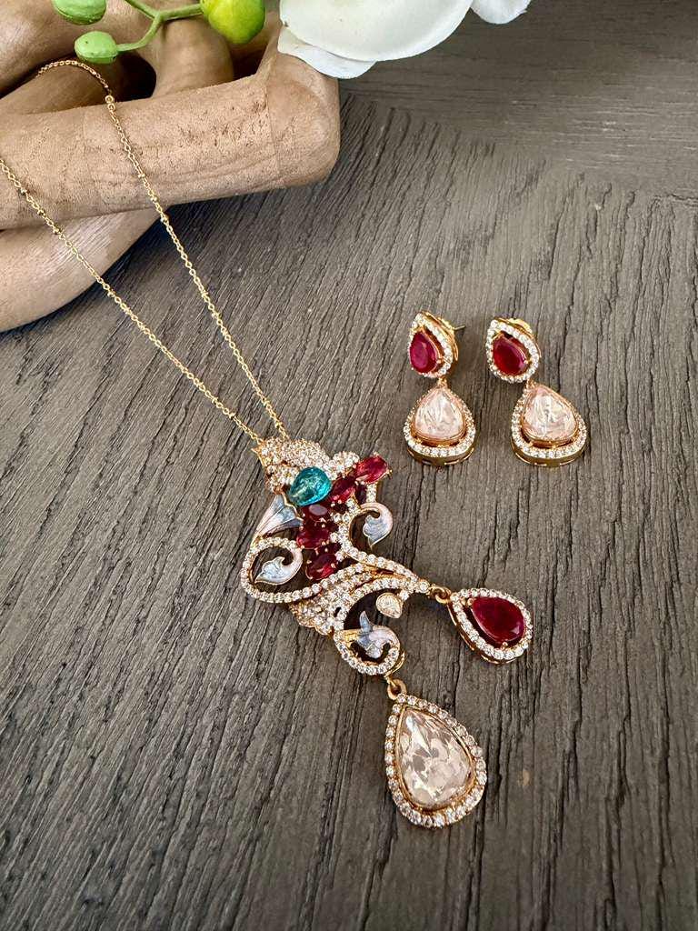 Vintage Crystal Necklace Set, Ruby Teardrop Pendant Necklace with Earrings