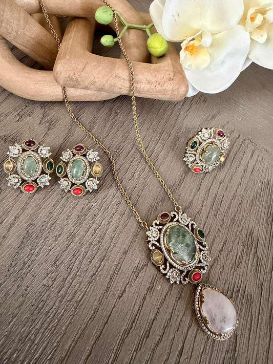 Vintage Gemstone Pendant Necklace Set, Multicolor Statement Necklace with Earrings and Ring