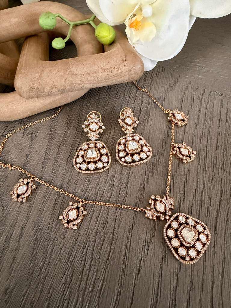 Vintage monzonite  Necklace Set, Gold Statement Pendant Necklace with Drop Earrings