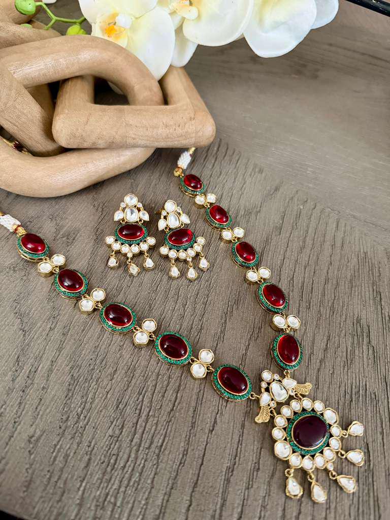 Ruby Red Statement Necklace Set, Vintage Gold Bridal Jewelry, Indian Wedding Earrings