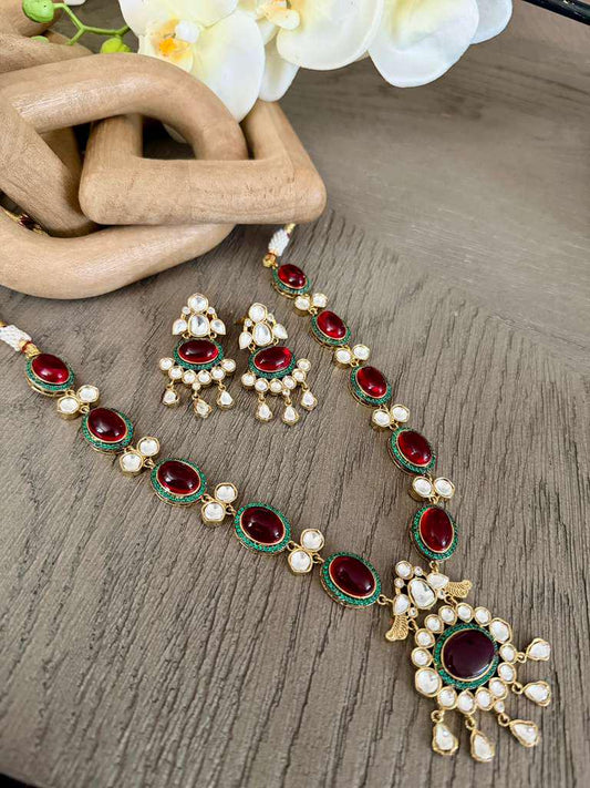 Ruby Red Statement Necklace Set, Vintage Gold Bridal Jewelry, Indian Wedding Earrings