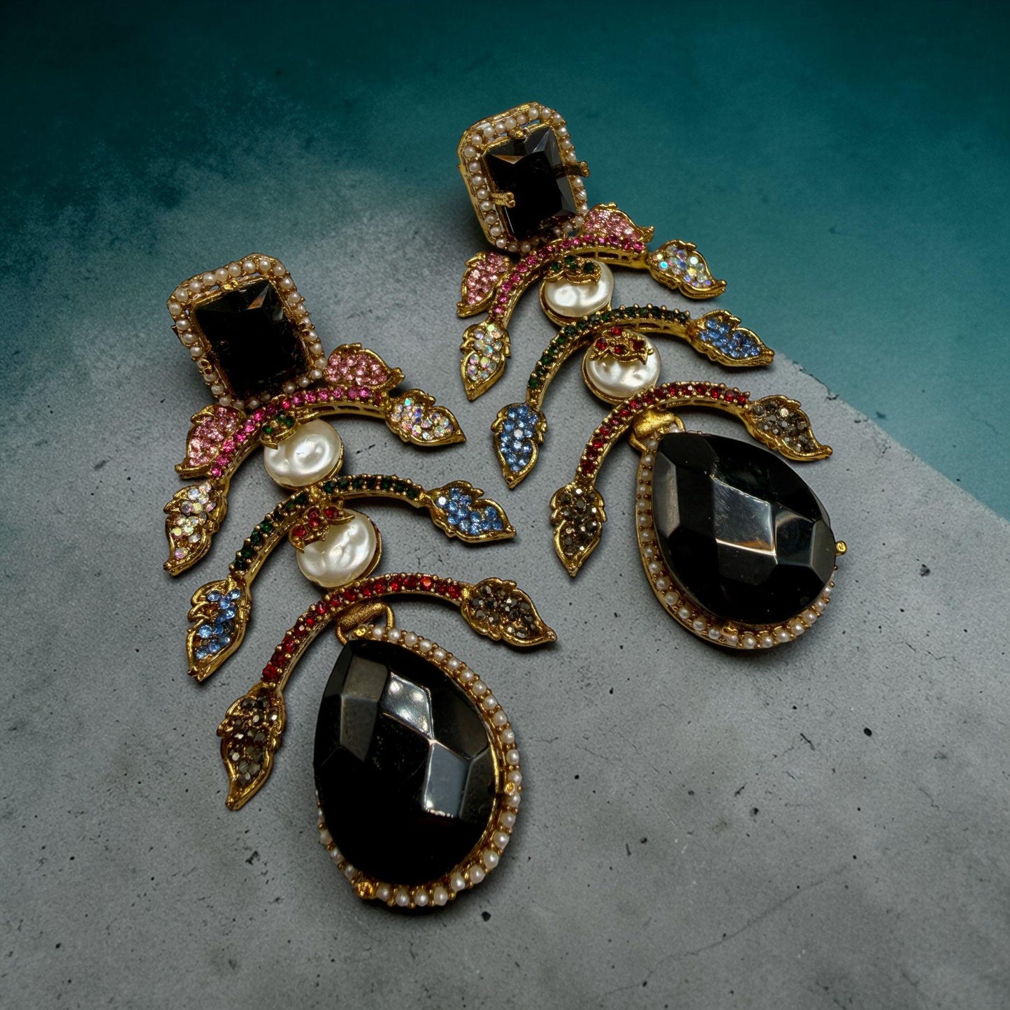 Black Stone Statement Drop Earrings, and Crystal Luxury Jewelry