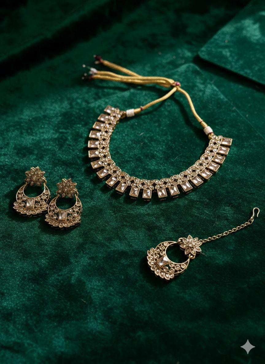 Kundan Choker Necklace Set with Earrings and Maang Tikka, Indian fashion Jewelry
