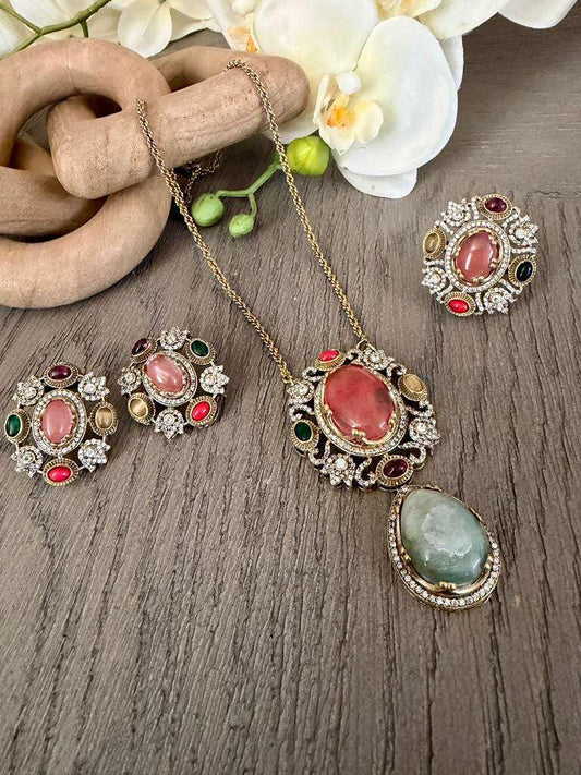 Vintage Style Statement Necklace Earrings  and Ring with Oval Pendant , Gold Plated Bridal Jewelry