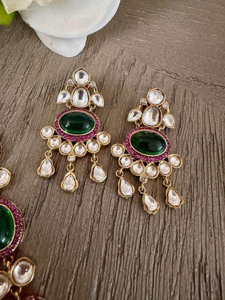 Green Stone Kundan Necklace Set with Earrings, Gold Plated Indian Bridal Jewelry