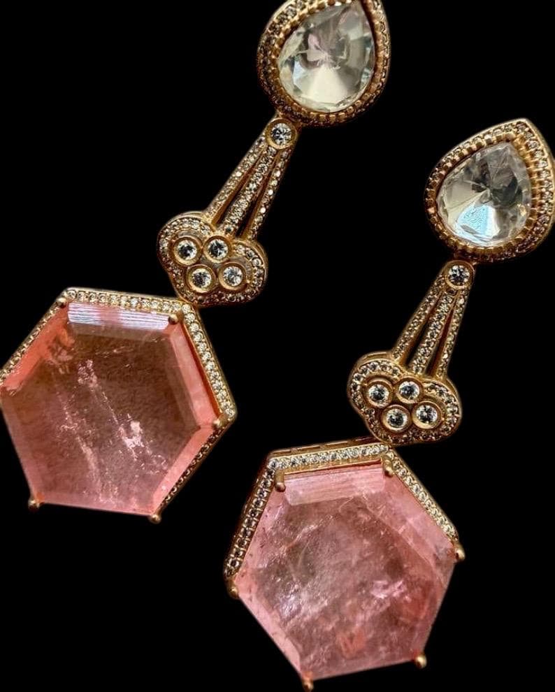 Handcrafted Pink Tourmaline Drop Earrings, Gold Plated, White Topaz Accents, Bridal Statement Jewelry