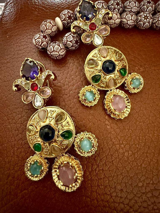 Vintage Gemstone Pendant Necklace Set, Multicolor Statement Jewelry