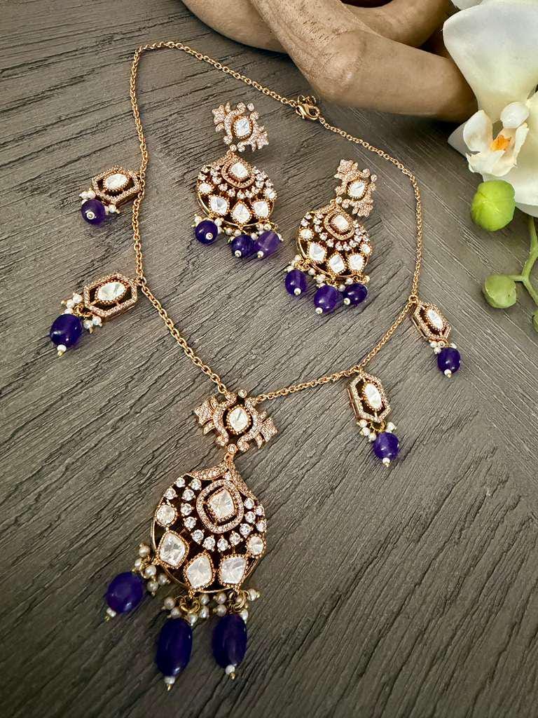 Vintage Pendant Necklace Set, Purple Bead Statement Jewelry, Gold Bridal Necklace with Earrings