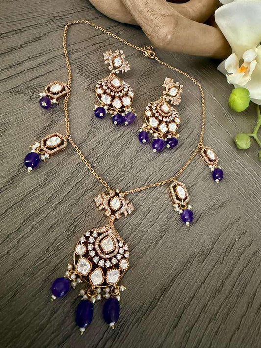 Vintage Pendant Necklace Set, Purple Bead Statement Jewelry, Gold Bridal Necklace with Earrings