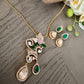 Green Teardrop Necklace Set, Vintage Statement Pendant Necklace with Earrings